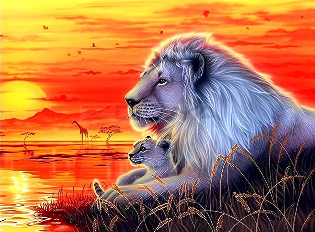 Lion et Son Lionceau avec Lumière Rouge Broderie Diamant