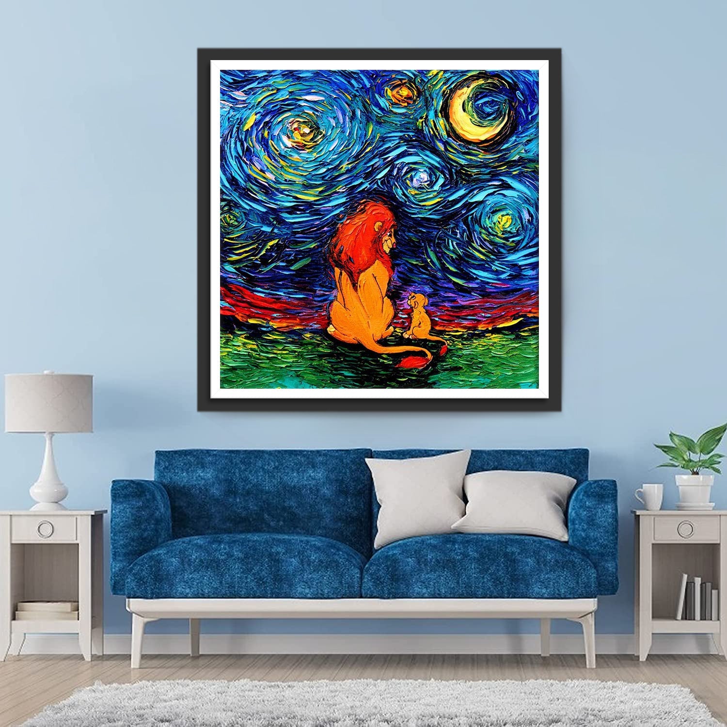 Lion et son Lionceau dans la Nuit Etoilée Broderie Diamant