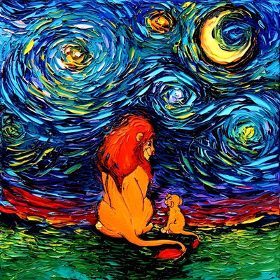 Lion et son Lionceau dans la Nuit Etoilée Broderie Diamant