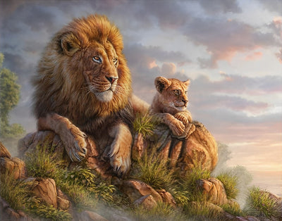Lion et Son Lionceau dans les Montagnes Broderie Diamant