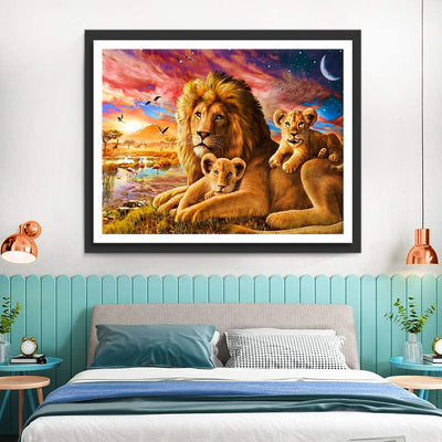 Lion Famille sur la Pelouse Broderie Diamant