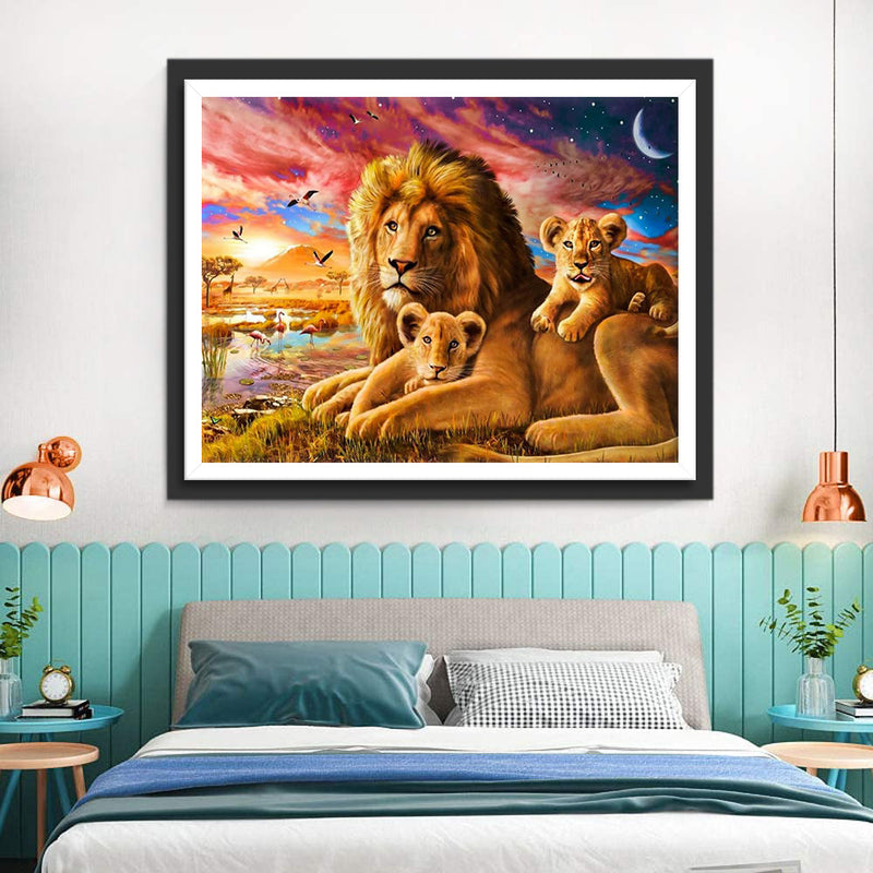 Lion Famille sur la Pelouse Broderie Diamant
