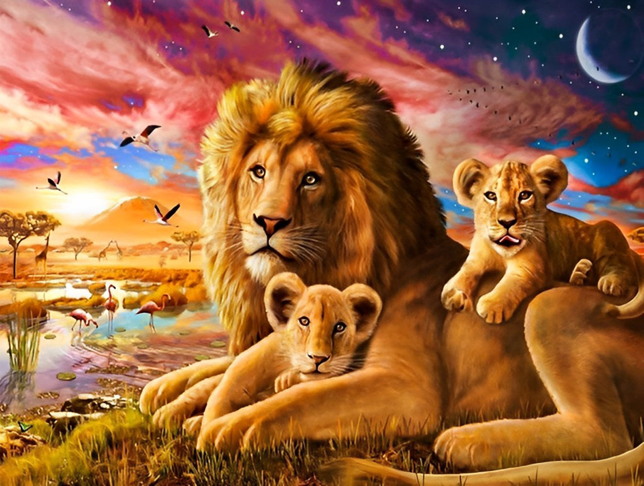 Lion Famille sur la Pelouse Broderie Diamant