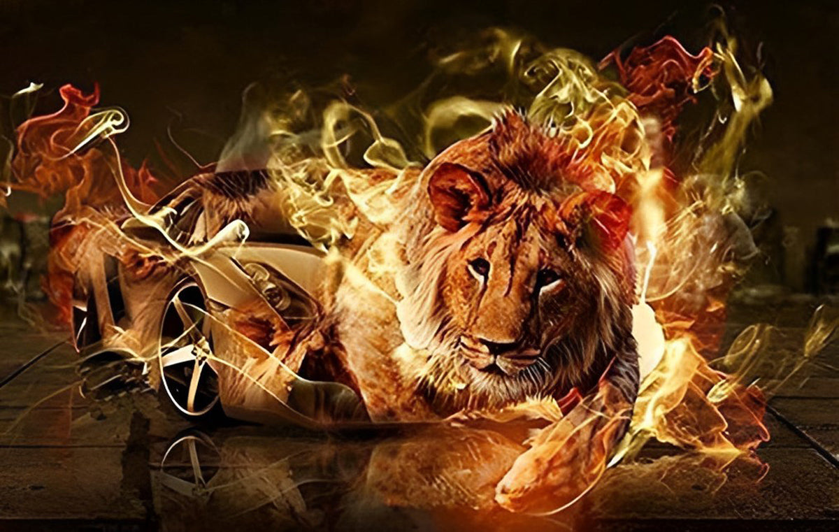 Lion, Flamme et Voiture de Sport Broderie Diamant