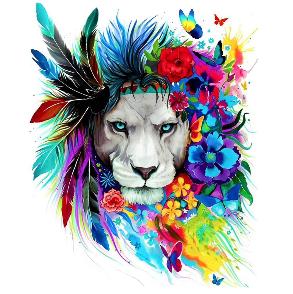 Lion, Fleurs et Plumes Broderie Diamant