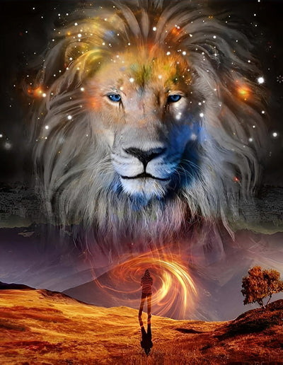 Lion, Homme et Etoiles Broderie Diamant