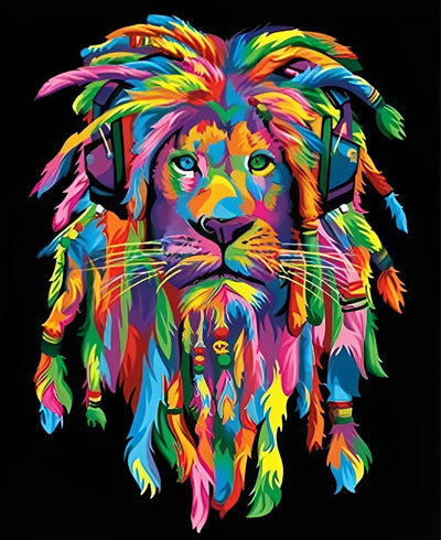 Lion Multicolore avec Dreadlocks Broderie Diamant