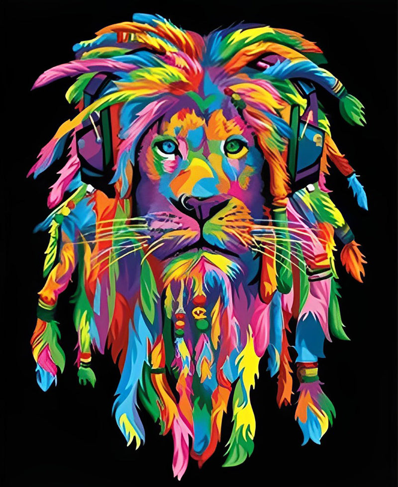 Lion Multicolore avec Dreadlocks Broderie Diamant