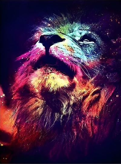 Lion Multicolore Regardant vers le Ciel Broderie Diamant