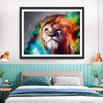 Lion Redardant vers le Ciel à la Crinière Multicolore Broderie Diamant