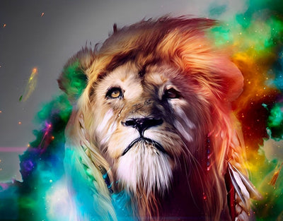 Lion Redardant vers le Ciel à la Crinière Multicolore Broderie Diamant