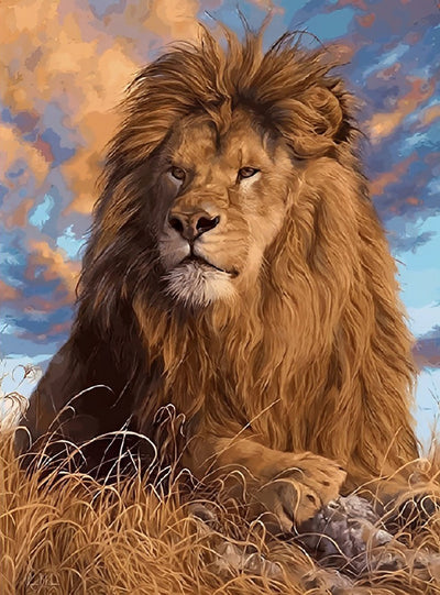 Lion Roux Allongé sur la Pelouse Broderie Diamant
