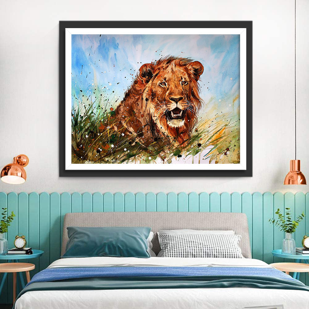 Lion Roux sur la Pelouse Broderie Diamant