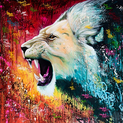 Lion Rugissant Bleu et Rouge Broderie Diamant
