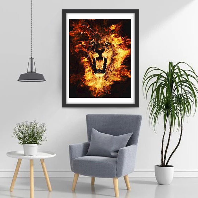 Lion Rugissant de Flamme Broderie Diamant