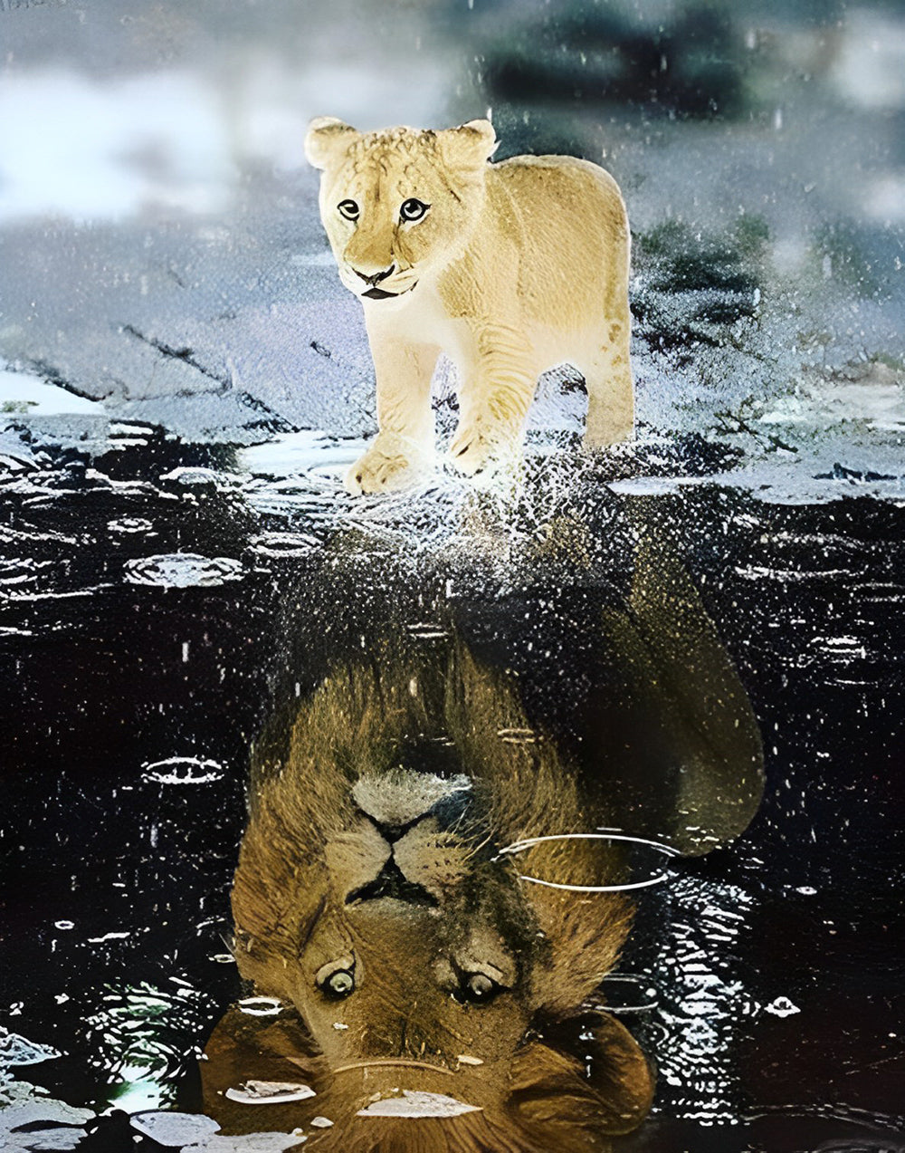 Lionceau et Grand Lion dans le Reflet Animal Broderie Diamant