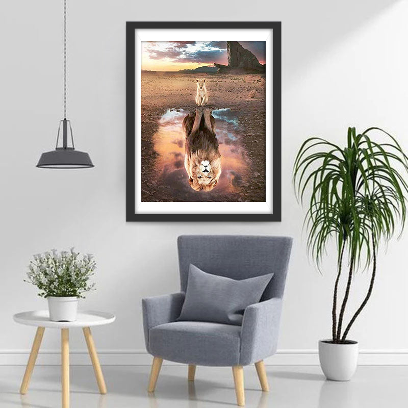 Lionceau Et Lion dans le Reflet Broderie Diamant