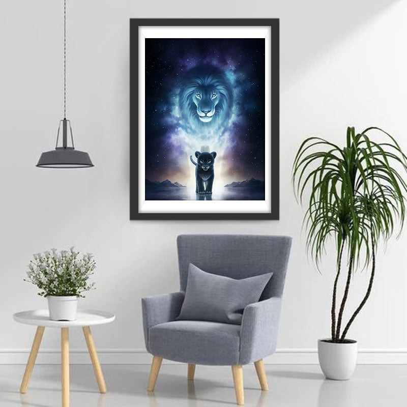 Lionceau Noir et Grand Lion Broderie Diamant