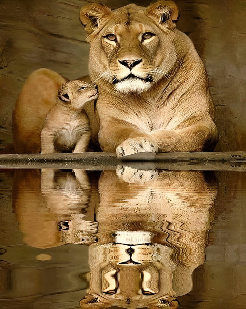 Lionne et Lionceau et Ses Réflection dans l&