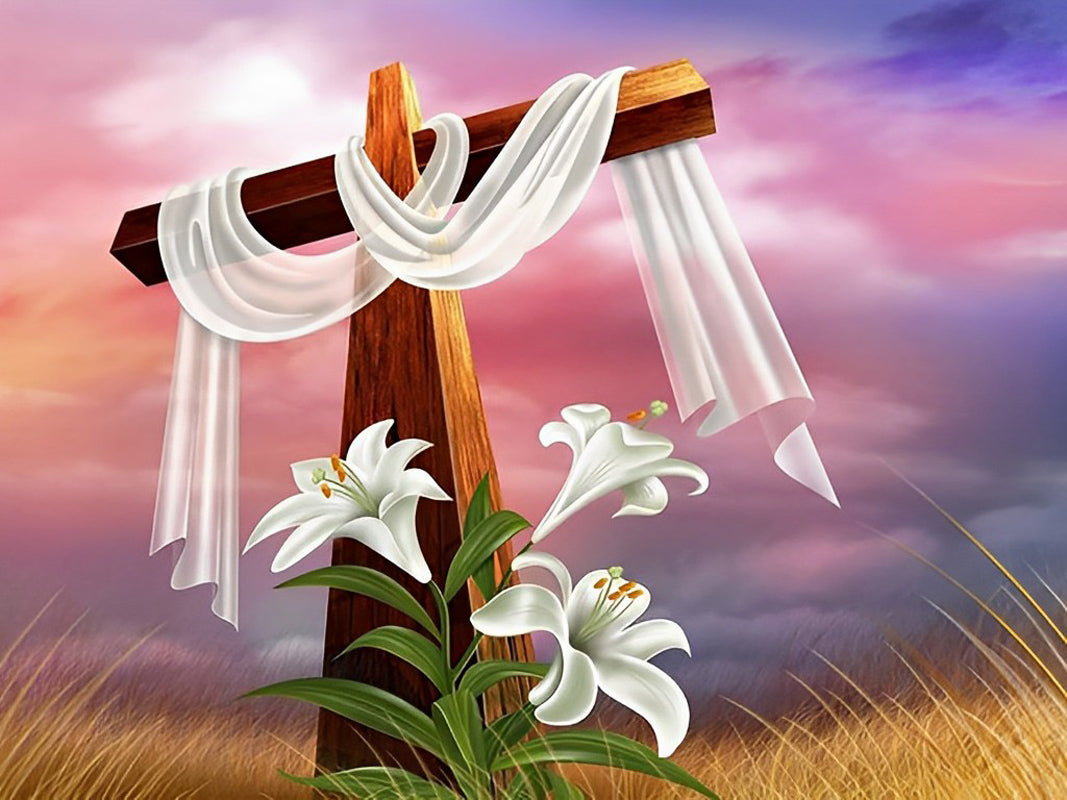 Lis Blancs et Croix Broderie Diamant