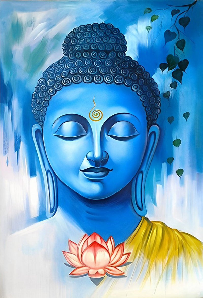 Lotus et Statue Bouddhiste Bleue Broderie Diamant