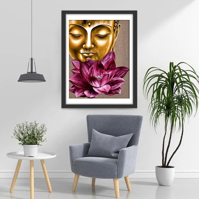 Lotus et Statue Bouddhiste Dorée Broderie Diamant