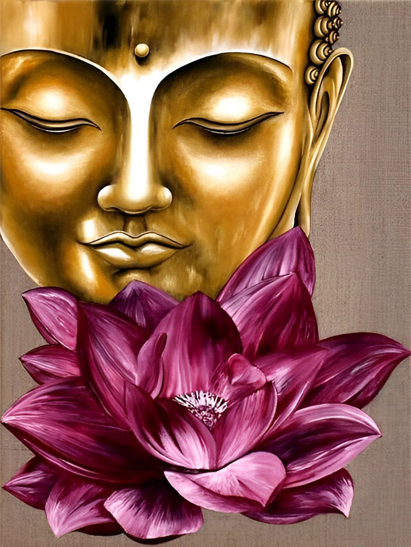 Lotus et Statue Bouddhiste Dorée Broderie Diamant