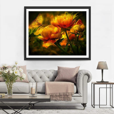 Lotus Oranges et Papillon Lumineux Broderie Diamant