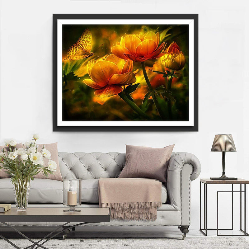 Lotus Oranges et Papillon Lumineux Broderie Diamant