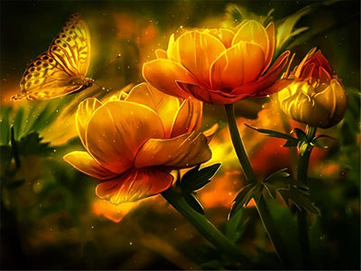 Lotus Oranges et Papillon Lumineux Broderie Diamant
