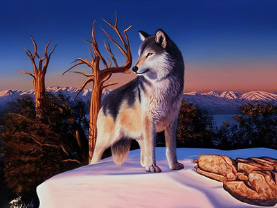 Loup à la Montagne Enneigée Broderie Diamant