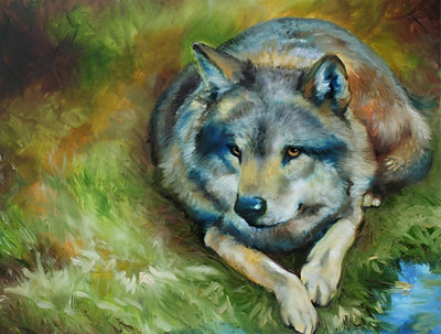 Loup Allongé sur la Pelouse Broderie Diamant