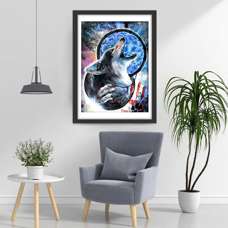 Loup avec Capteur Bleu de Rêves Broderie Diamant