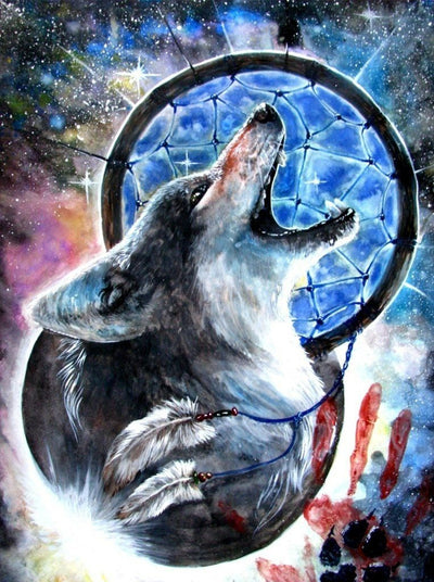 Loup avec Capteur Bleu de Rêves Broderie Diamant