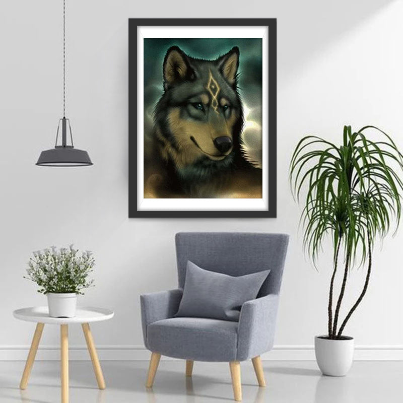 Loup avec des Motifs Dorés Broderie Diamant