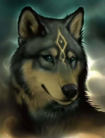 Loup avec des Motifs Dorés Broderie Diamant