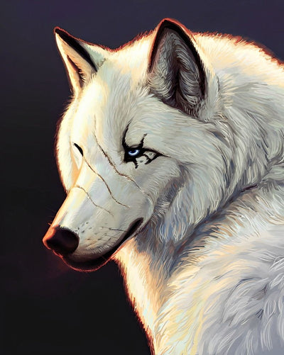 Loup Blanc avec des Cicatrices Broderie Diamant