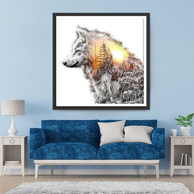 Loup Blanc avec un Paysage Broderie Diamant