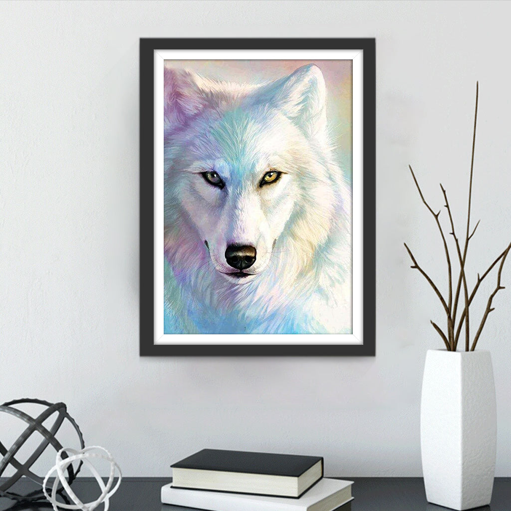 Loup Blanc en Couleurs Magnifiques Broderie Diamant