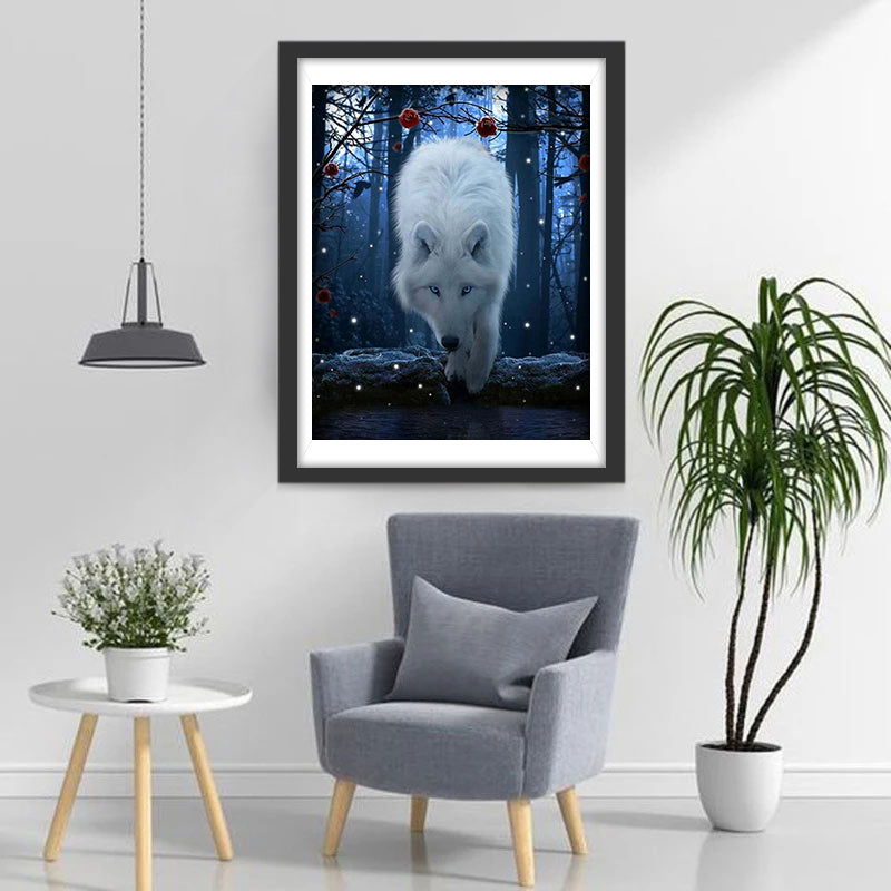 Loup Blanc et Fleurs Rouges Broderie Diamant