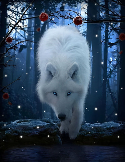 Loup Blanc et Fleurs Rouges Broderie Diamant