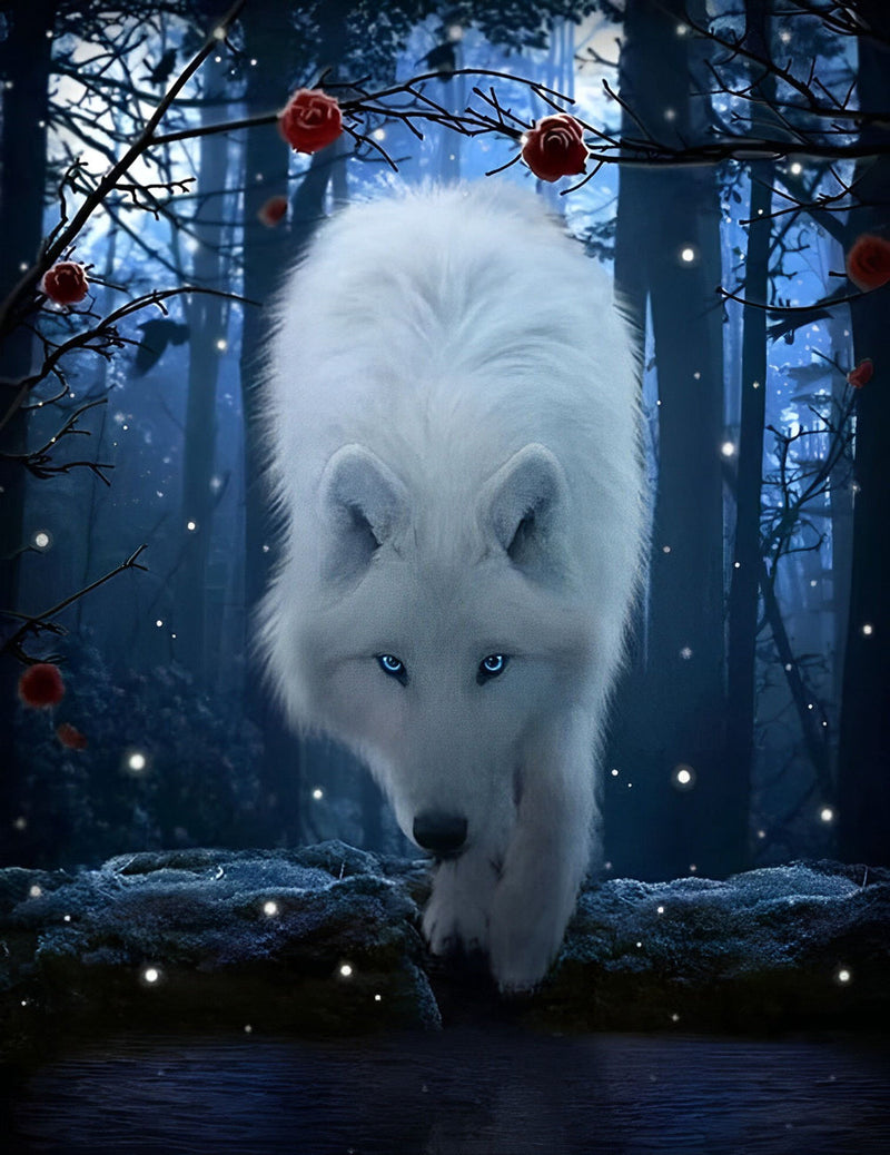 Loup Blanc et Fleurs Rouges Broderie Diamant