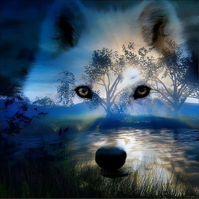 Loup Blanc et le Paysage Broderie Diamant