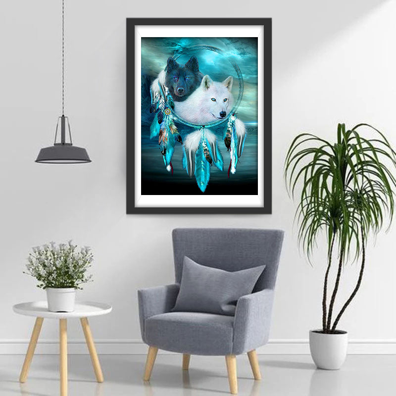 Loup Blanc et Loup Noir avec Capteur de Rêves Broderie Diamant