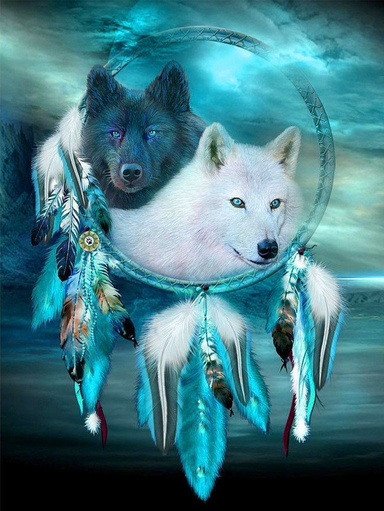 Loup Blanc et Loup Noir avec Capteur de Rêves Broderie Diamant
