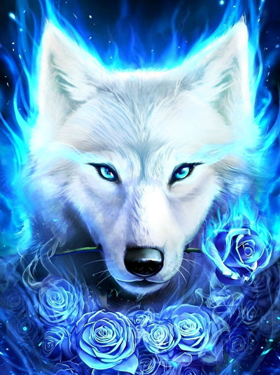 Loup Blanc et Roses Bleues Broderie Diamant