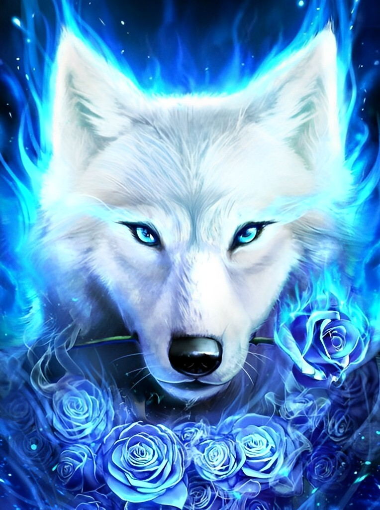 Loup Blanc et Roses Bleues Broderie Diamant