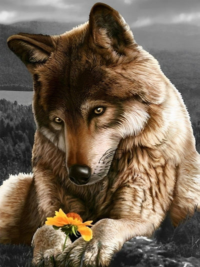 Loup Brun et Marguerite Broderie Diamant