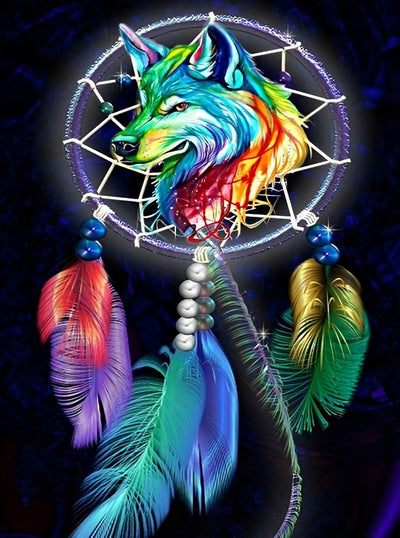 Loup Coloré et Capteur de Rêves Broderie Diamant
