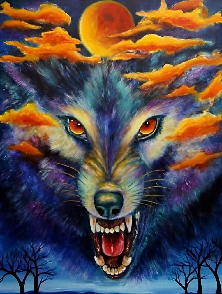 Loup en Colère et les Nuages Rouges Broderie Diamant